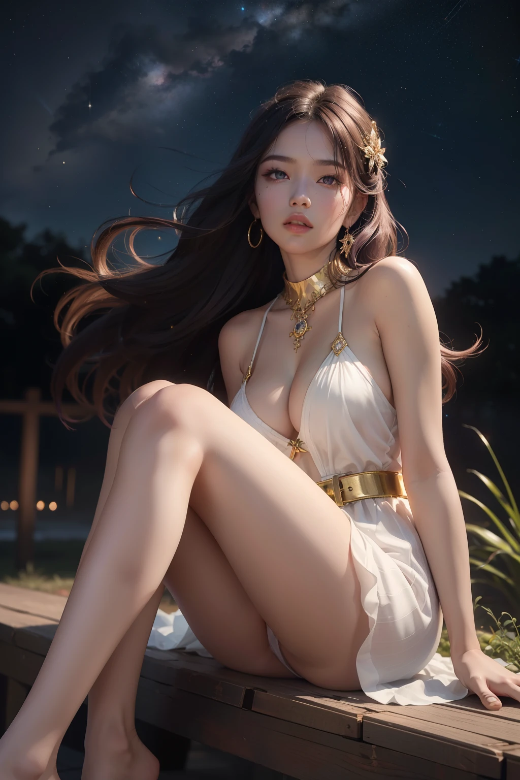 (1 girl:1.3), Solo, __body-parts__, Official Art, Unity 8k Wallpaper, Ultra Detailed, Beautiful and Aesthetic, RAW, Super Fine Photo, Ultra High Resolution, Photorealistic Photorealism, Sunlight, Full Body Portrait, Amazing Beauty, Delicate Face, Vibrant Eyes, (from the front), Detailed Face, Gorgeous, Highly Detailed Skin, Realistic Skin Details, Visible Pores, Sharp Focus, Volume Fog, 8K uhd, DSLR, fair skin, photo realism, breasts, open eyes, skinny, transparent, gold accessories, gorgeous accessories, complex, delicate lips, long hair, medium breast, closed lips, asian girl, goddess, medium breasts, transparent panty, Translucent white long dress, Full body image, long hair, purple hair, hair strand, long legs, Leaking legs, Slender figure, starry sky background, Long flowing hair, Gold belt, Underage girl&#39;s face, Transparent white long dress, green pupils, sitting, Legs straight, show feet, Leaked confession, barefoot, without wearing shoes, film grain, masterpiece, best quality, best quality, high quality