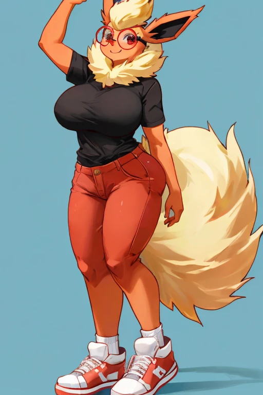 ((Flareon)), anthropomorphic, big breasts, big ass, pokemorph, (((1girl))), (((black shirt))), (pink jeans), (white sneakers), full body, cute and sexy, fiery red skin, (round glasses), long legs, smiling