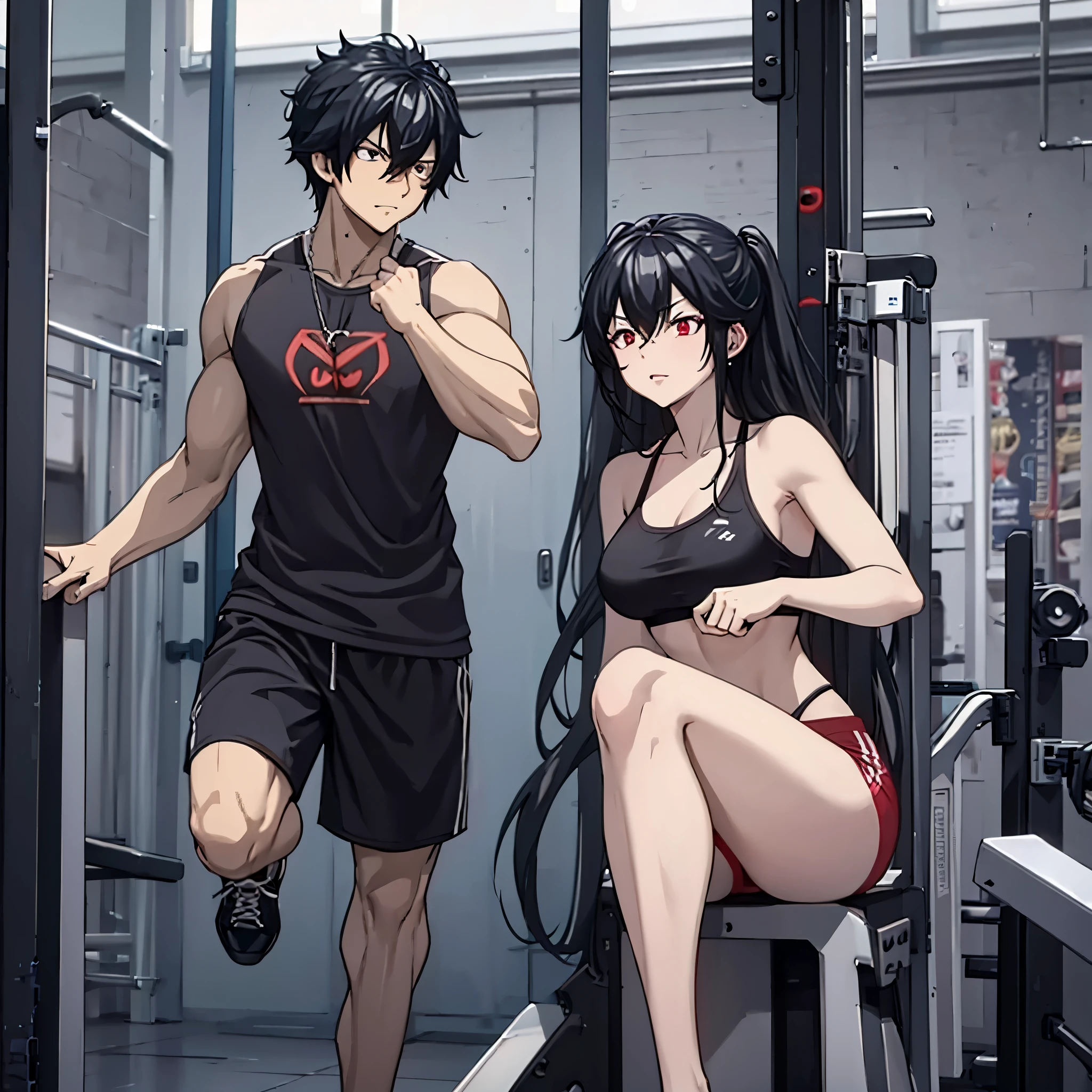 a man and a woman(eye red) in a gym working out in gym clothes in a fitness gym.
