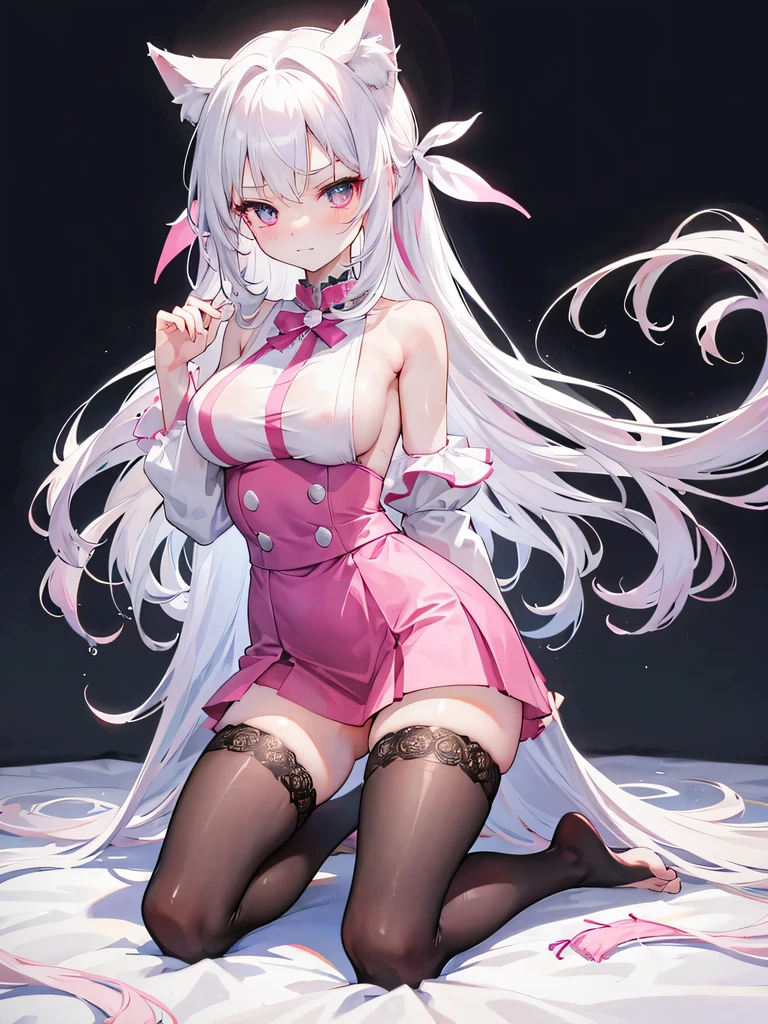 big breasts,突出big breasts,特写big breasts,Wearing maid outfit,blush, surprise,look at me,looking at the audience,sitting,kneeling,Place on the bed,Knees together,internal figure eight,red pupils,Lace tights,beautiful hair、 beautiful eyes、 beautiful skin、beautiful legs、beautiful arms、perfect fingers、 very cute,white hair, long hair,white cat ears, white cat tail,best quality,high resolution,top quality,Pink bow,slender eyebrows,hair slightly moist,On a very large white bed, white pillows,perfect waist,Skirt has cutouts at the end,Pouting,The clothes are a little wet,,very young,18 years old,shy smile,Long messy white hair tied up,tempting pose,chiaroscuro,bare shoulders,Naked room,slit sleeves,There are a few drops of water on the breast,bare legs,barefoot,Ray tracing,disdainful expression,Beautiful girl alone,Most of the body is exposed,pink miniskirt,Lift up the skirt gently with both hands,shy expression,Exposed breasts