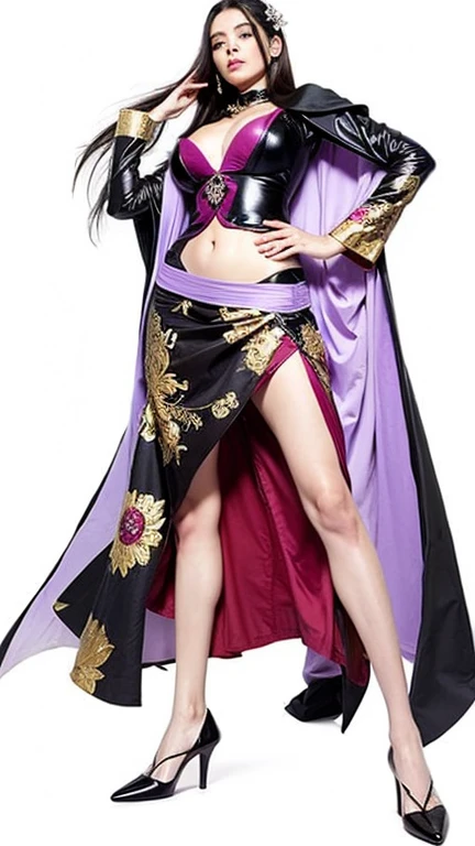 a woman in a purple robe and black shoes, full body art, ((wearing aristocrat robe)), full body portrait, full body close-up shot, full body realistic