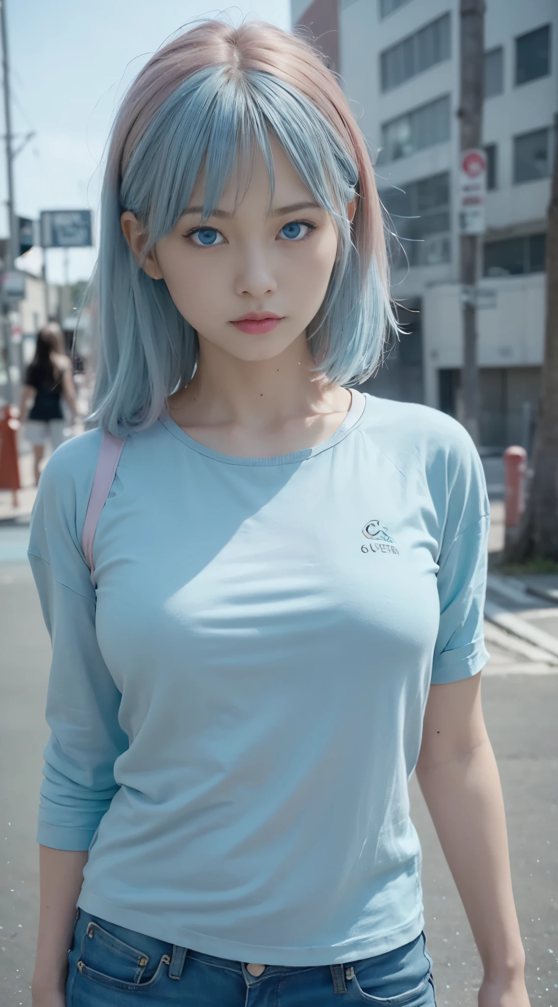 1 girl、foto de la joven (Sana Minatonazi:NamiTamaki:0.5) High resolution 1.2, (8k, RAW Photo, Best quality, Masterpiece), (realistic, photo-realistic:1.4), Ultra detailed, big face, On the street Tokio, sexy, medium height, beautiful woman, Yukata Beauty, the night、A landscape urban、City light、Upper body、sexy, close-up、(realistic cyan blue eyes: 2.0), Asian woman with fine hair pink Cheng Yi, fine pink hair, inspired by Yanjun Cheng, flowing hair, Realistic skin tone, soft mouth, short pink hair, realistic pink short hair, very pretty, full body, realistic faces、pink hair,、(8k、raw photography、premium 、​masterpiece:1.2)、(realistic、photorealistic:1.37), (pink hair), Ear hair, medium tits, ), wearing (black t-shirt:1.2) , pink top, long jeans with rips with a worn look, black jacket punk style with studs and tacks, pink and white sneakers, differnt realistic poses
