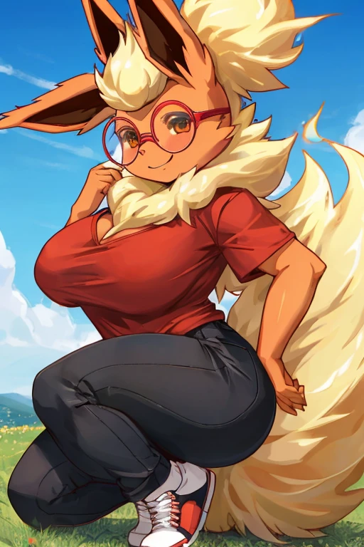 ((Flareon)), anthropomorphic, big breasts, big ass, pokemorph, (((1girl))), (((red shirt shirt))), (black denim pants), (white sneakers), full body, cute and sexy, fiery red skin, (round glasses), long legs, smiling