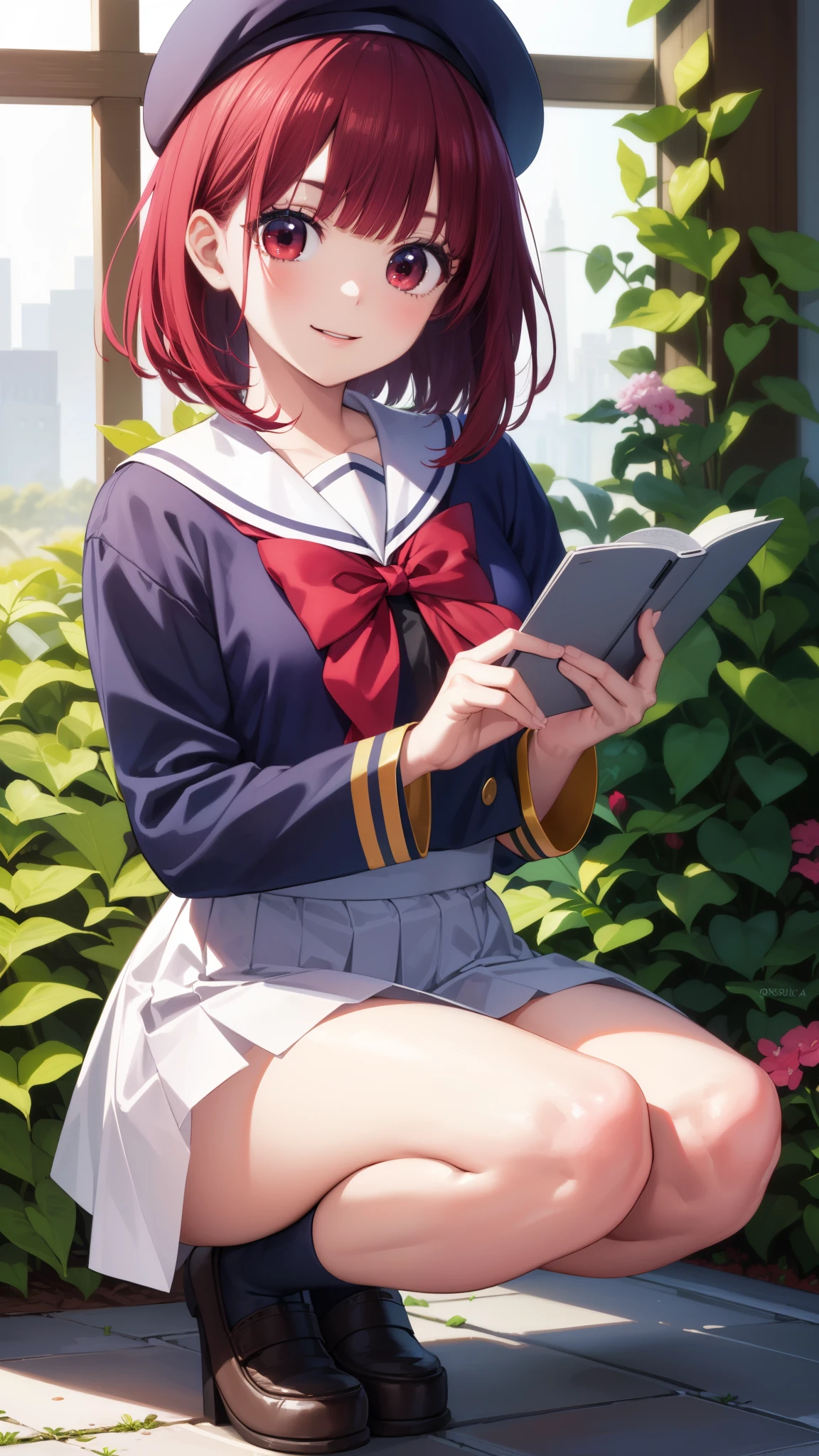 Arima maybe, Arima maybe, bob cut, (red eyes:1.5), redhead, short hair, ,，sailor suit，hair in the wind，The whole body，，，beret，thighs，full body，smile，whole body，
breaking looking at viewer,
destroy indoors, garden,
, highest quality, High resolution, 8k wallpaper, , (beautiful and detailed eyes:1.6), highly detailed face, perfect lighting, Very detailed CG, (perfect hands, perfect anatomy),