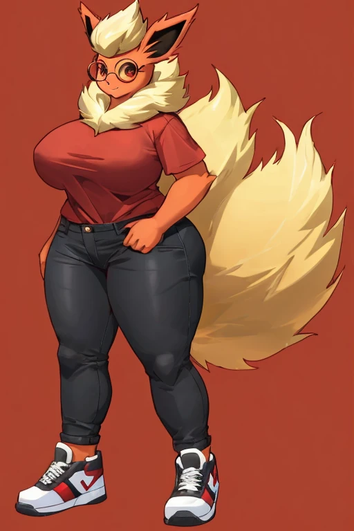 ((Flareon)), anthropomorphic, big breasts, big ass, pokemorph, (((1girl))), (((red shirt))), (black denim pants), (white sneakers), full body, cute and sexy, fiery red skin, (round glasses), long legs, smiling