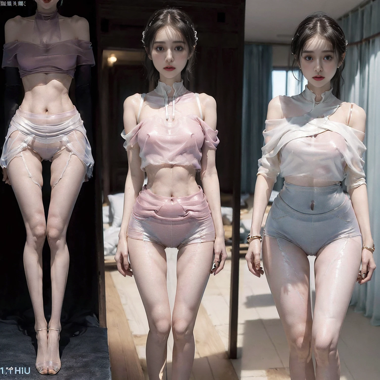 (Masterpiece, best quality), pale skin, (doll face), island beach background, (pure off shoulder, transparent short top, high waisted skirt, tight mini skirt: 1.3), (thin thighs: 1.9, Yao Liu, weight loss, long legs, thin legs: 1.9), blonde hair, (huge, lifting your buttocks, straight legs), revealing the navel, (thigh gap width: 1.6, thigh gap width: 1.6), whole body forward, abdominal muscles leaking out, pink abdominal muscles protruding, camel toes concave and convex, (Facing age Barbara Parvin)