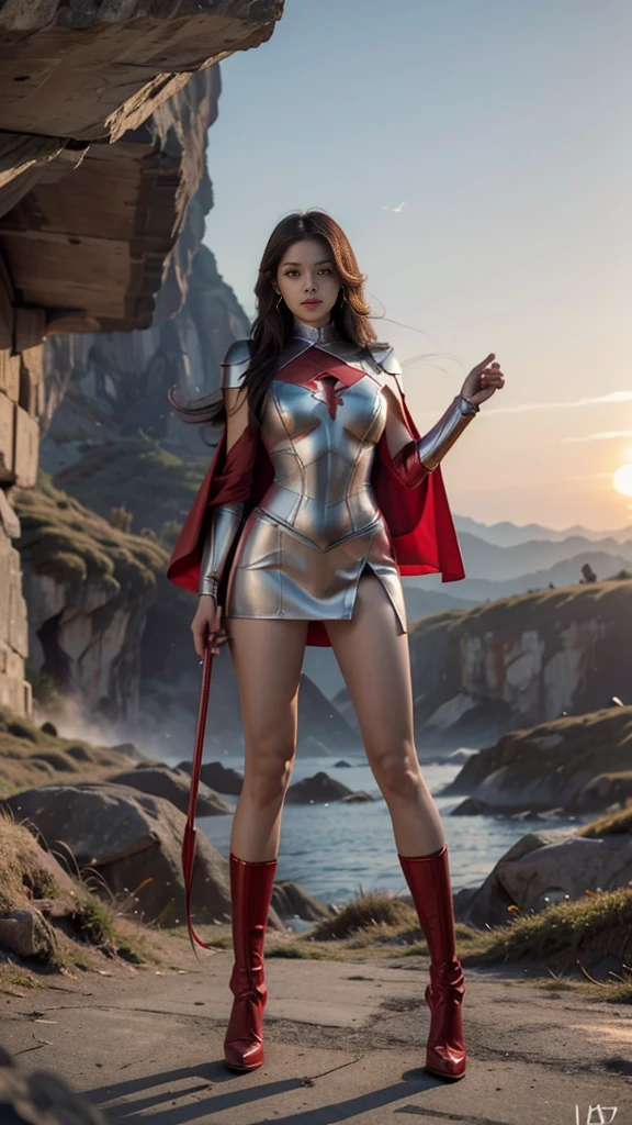 Woman in red silver dress, ((stand)), ((Fight monsters)), beautiful armor, very detailed, red white armor girl, exquisite jewelry, (best quality, 10, Masterpiece :1.3), (realistic, ภาพrealistic: 1.37), (1 girl), (Beautiful women between the ages of 18-20), (thin), (Focus on the slender abdomen.. :1.3), (Korea), (white leather dress, Long red leather cloak, Show your arms and shoulders., white leather skirt, short leather skirt, Emphasize her legs., High groove,), (รองเท้าHeel Height), (Random pose), Huge breasts, exposed cleavage, ((dark brown hair, long hair, long hair, Random hairstyles)), exquisite face, Open the show, Fantasy, Slender figure, Body proportion, Very smooth face, Good eyes, Double eyelids, (outdoor), (Extraordinarily detailed face), (Detailed eyes), (Double eyelids), (Eyeshadow makes eyelashes look thicker.......), obscure, (Long legs, Heel Height), (((Whole body))), (professional lighting), (Radiation), ((silver red armor girl)), lightning magic, Electricity around, (Look directly at the audience.....), cliff scene, mountain, cave mouth, stone, Dungeon