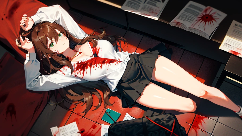 (Lie on the ground:1.2), Lisa, genshin impact, 1 girl, alone, ((white shirt)), bare legs big breasts, cleavage, uniform, office background, ((Killed)), ((From above)), (cinematic lighting), (Put your arms on the ground), ((Sea of Blood)), ((bloody ground)), dutch angle, ((Bloody Body)), ((blood on their clothes)), ((rape face)), (((horror))), ((Open your eyes wide)), black skirt, pleated skirt, office, hair between eyes, messy hair, large chest, long hair, brown hair, red short nails, green eyes, alone, ((long slender legs)), very long hair, ((masterpiece)), classroom, board, class board, Beautiful woman