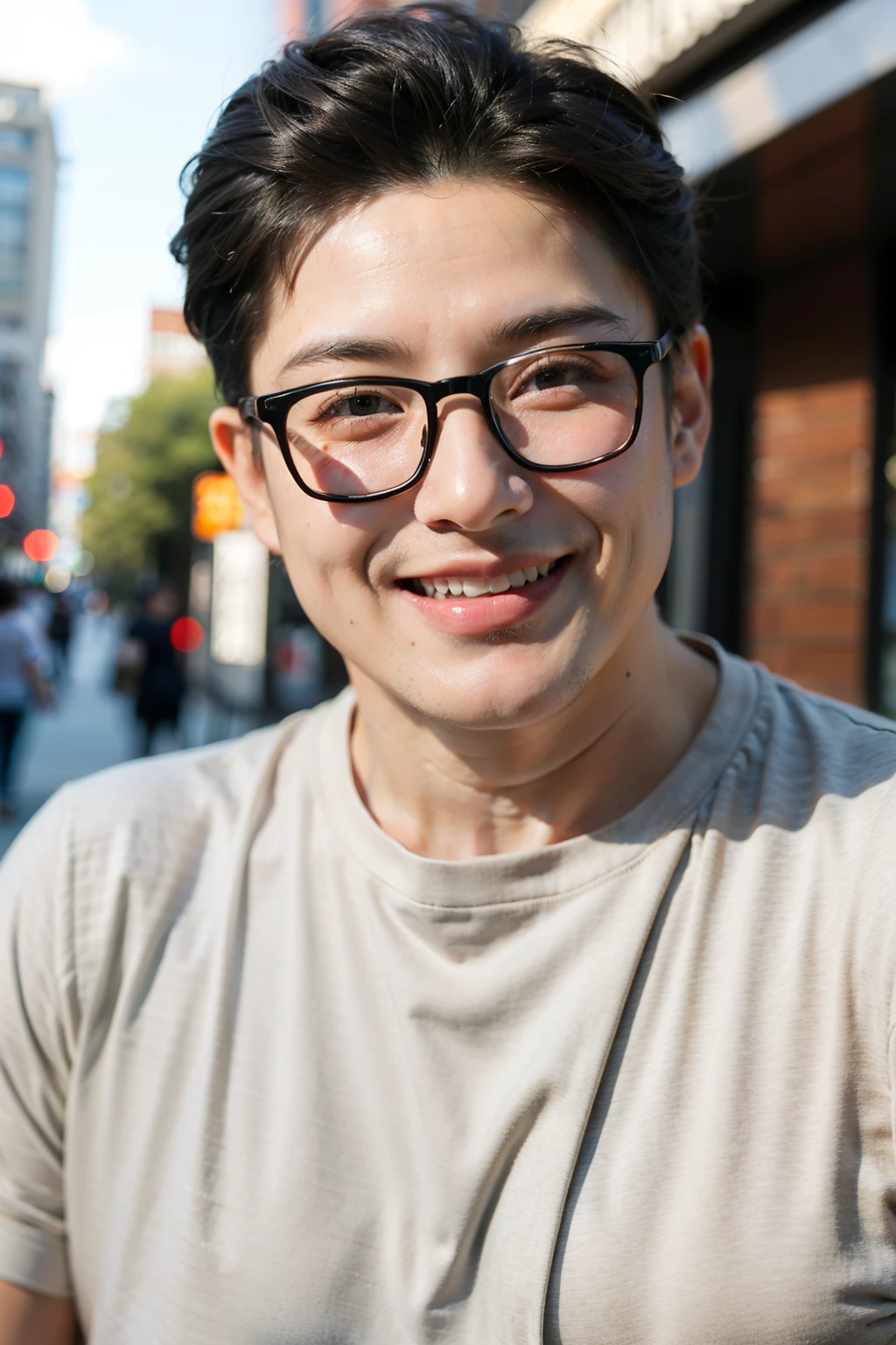 Glasses man,Slightly fat,Gives people a warm and sunny image,Comic style,short hair,The face is smooth as a whole,Smiling