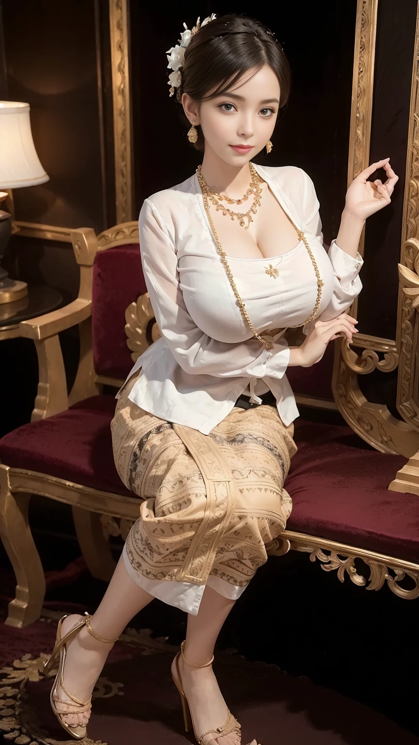 (realistic:1.3), insane detailed, quality, (masterpiece:1.2), (photorealistic:1.2), (best quality), (detailed skin:1.3), (intricate details), ray tracing, ((full body)), ((1woman)), (((1 person))), 30 years old, short hair, smile, purple dress, skirt with pattern, color contrast between the dress and the skirt, skirt pattern, earrings, necklace, Javanese ornament, (blurred background), eyes on camera, Breast cleavage,pin heels,
HOLDING her breasts,(cute face:1.15),(huge breasts:1.2)