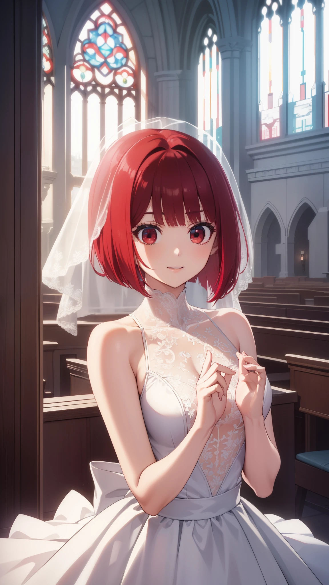 Arima maybe, Arima maybe, bob cut, (red eyes:1.5), redhead, short hair, ,，Wedding dress，hair in the wind，The whole body，，race，frills，veil，，smile，whole body，
breaking looking at viewer,
destroy indoors, church,
, highest quality, High resolution, 8k wallpaper, , (beautiful and detailed eyes:1.6), highly detailed face, perfect lighting, Very detailed CG, (perfect hands, perfect anatomy),