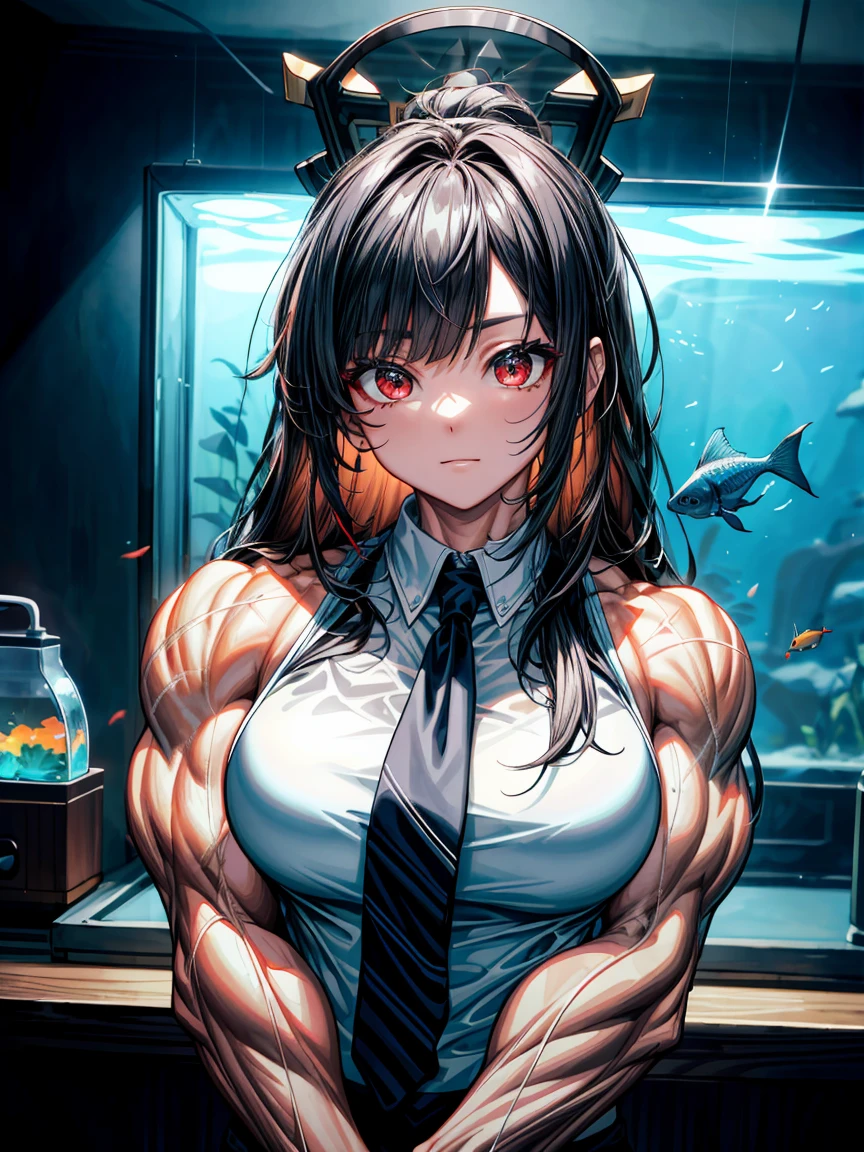 (best lighting) , (Super intricate details) , 4K unified, (Super detailed的CG: 1.2) , (8k: 1.2),(The original), (masterpiece) , (best quality),(masterpiece:1.4),Anime-like high quality,(masterpiece),masterpiece, best quality, ridiculous,((Master of Peace, 4K, 8k, high resolution)),(masterpiece), (best quality), (Super detailed), (extremely delicate and beautiful), ((cowboy shooting)), 1 名woman, night, pretty face, Detailed face, red eyes, scar on the cheek, long hair, black hair, Breast-huge(1.8),White shirt, black tie, dynamic poses, looking at the audience, On the aquarium, The fish tank behind her, algae, marine life, Blurred bottom, woman focus, depth of field, 全HD, HD, high resolution
, ((bodybuilder:1.5)),temple background,(beautiful bass),(girl),(woman),(((Upper body:1))),from the front
