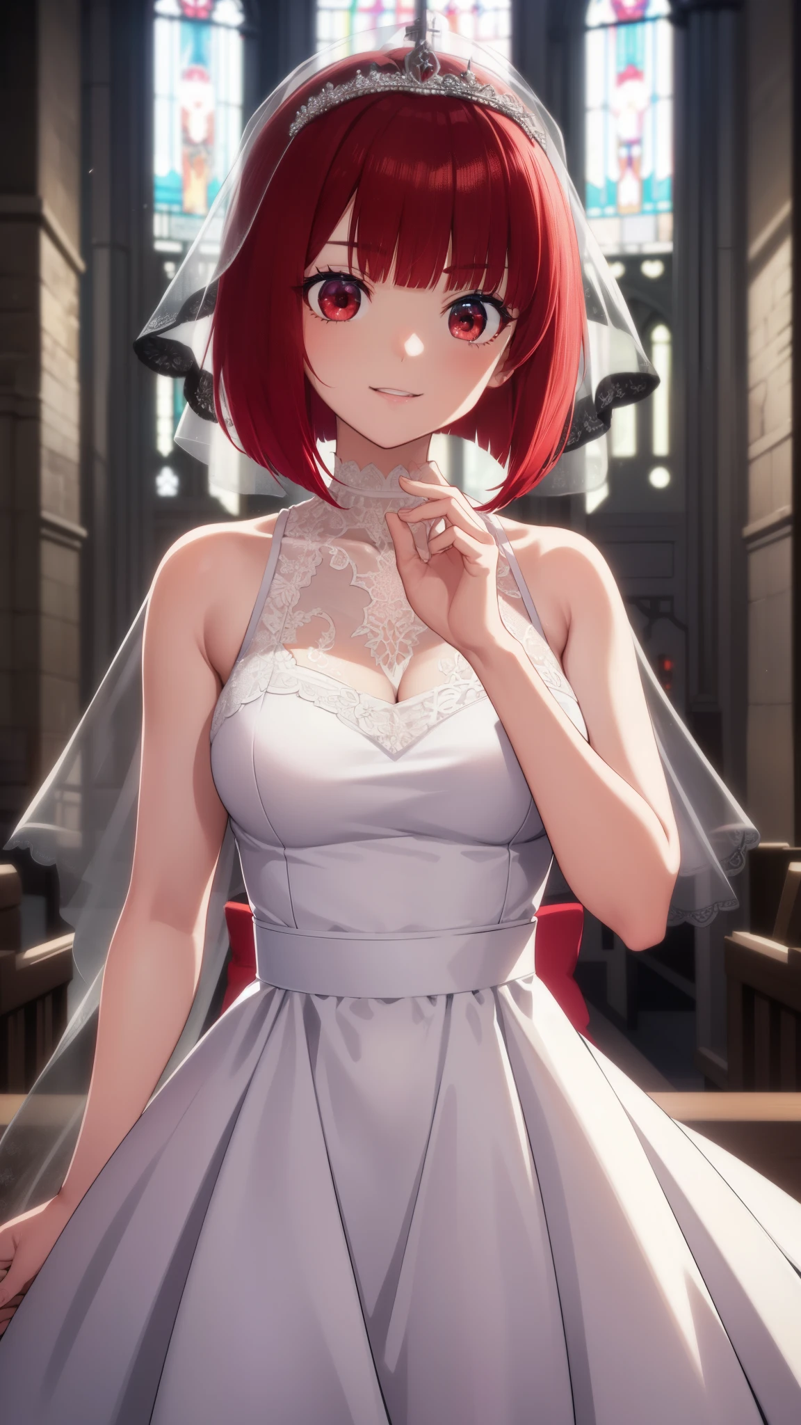 Arima maybe, Arima maybe, bob cut, (red eyes:1.5), redhead, short hair, ,，Wedding dress，hair in the wind，The whole body，，race，frills，veil，，smile，whole body，
breaking looking at viewer,
destroy indoors, church,
, highest quality, High resolution, 8k wallpaper, , (beautiful and detailed eyes:1.6), highly detailed face, perfect lighting, Very detailed CG, (perfect hands, perfect anatomy),