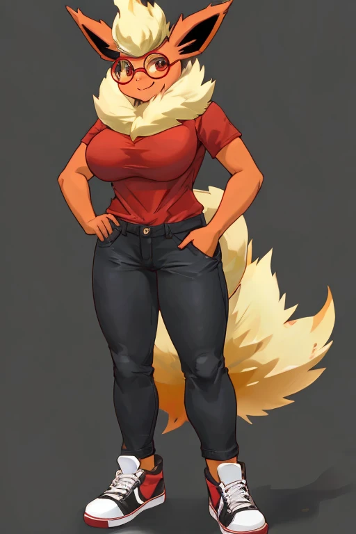 ((Flareon)), anthropomorphic, big breasts, big ass, pokemorph, (((1girl))), (((red shirt))), (black denim pants), (white sneakers), full body, cute and sexy, fiery red skin, (round glasses), long legs, smiling
