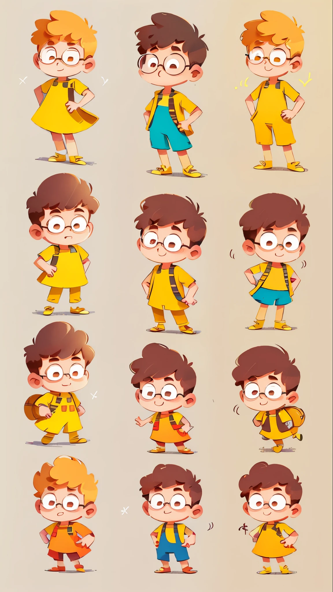 A cartoony boy character , tiny ,circular body shape , cute , wearing glasses, yellow colour dress, character sheet full body turnaround, different head positions