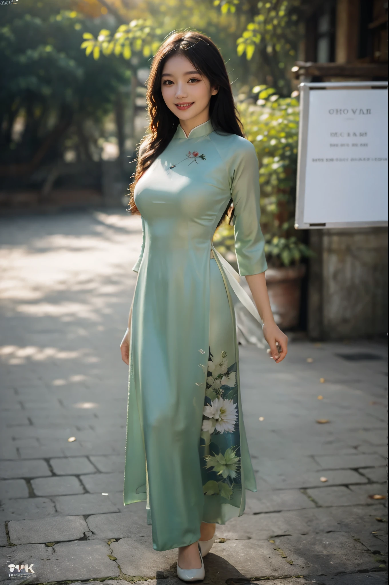 Best quality,masterpiece,ultra high res,(photorealistic:1.4),1 girl, solo,hime cut ,long hair ,light smile, vietnamese dress,  outdoor,walking, beauty,pettiskirt, beautiful eyes, ultra realistic,32k,RAW photo,(high detailed skin:1.2), 8k uhd, dslr, soft lighting, high quality, film grain