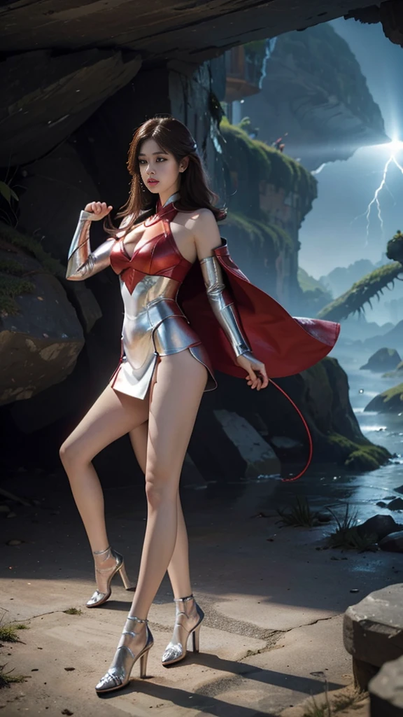 Woman in red silver dress, ((stand)), ((Fight monsters)), beautiful armor, very detailed, red white armor girl, exquisite jewelry, (best quality, 10, Masterpiece :1.3), (realistic, ภาพrealistic: 1.37), (1 girl), (Beautiful women between the ages of 18-20), (thin), (Focus on the slender abdomen.. :1.3), (Korea), (white leather dress, Long red leather cloak, Show your arms and shoulders., white leather skirt, short leather skirt, Emphasize her legs., High groove,), (รองเท้าHeel Height), (Random pose), Huge breasts, exposed cleavage, ((dark brown hair, long hair, long hair, Random hairstyles)), exquisite face, Open the show, Fantasy, Slender figure, Body proportion, Very smooth face, Good eyes, Double eyelids, (outdoor), (Extraordinarily detailed face), (Detailed eyes), (Double eyelids), (Eyeshadow makes eyelashes look thicker.......), obscure, (Long legs, Heel Height), (((Whole body))), (professional lighting), (Radiation), ((silver red armor girl)), lightning magic, Electricity around, (Look directly at the audience.....), cliff scene, mountain, cave mouth, stone, Dungeon