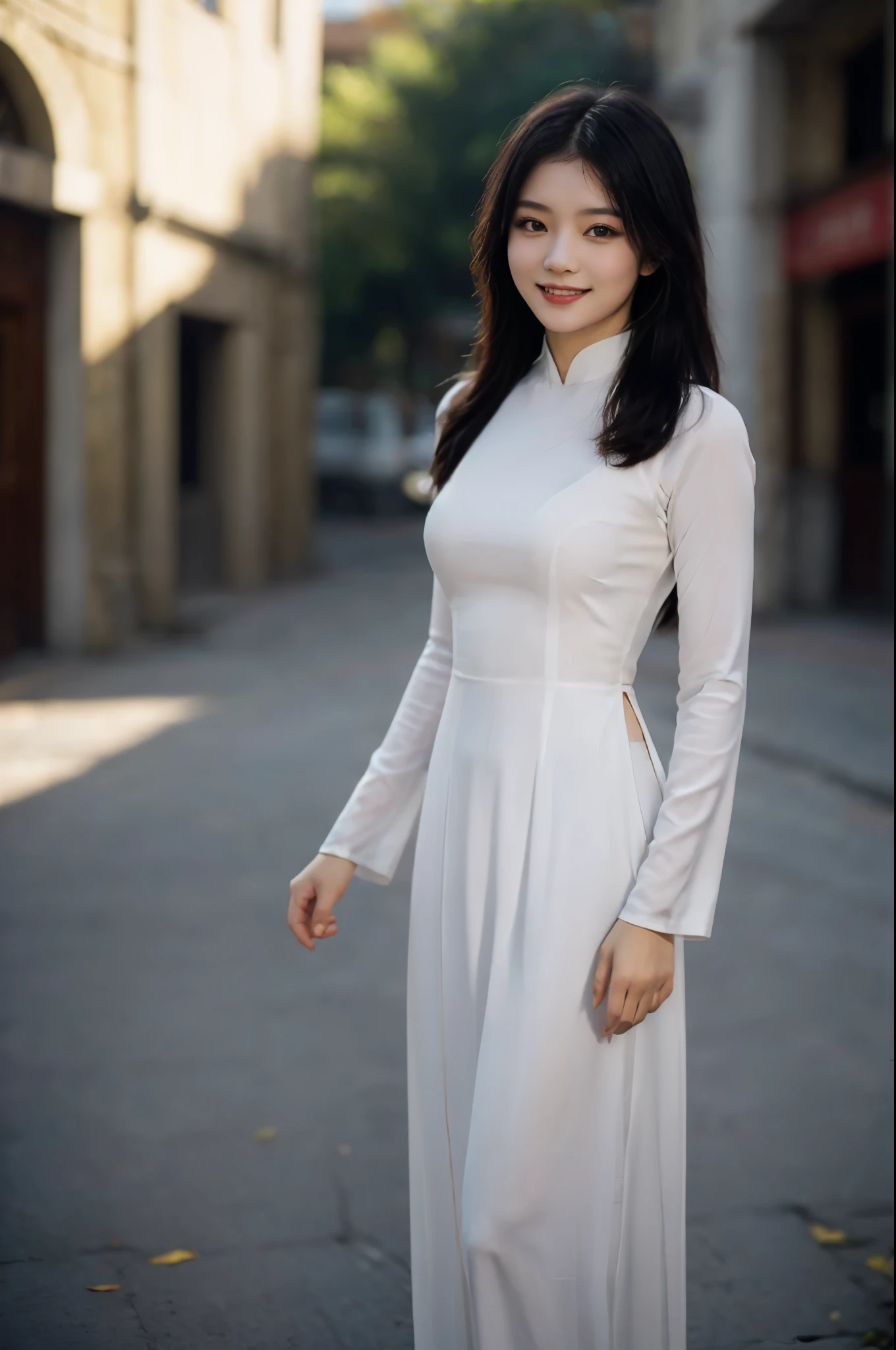 Best quality,masterpiece,ultra high res,(photorealistic:1.4),1 girl, solo,hime cut ,long hair ,light smile, vietnamese dress,  outdoor,walking, beauty,pettiskirt, beautiful eyes, ultra realistic,32k,RAW photo,(high detailed skin:1.2), 8k uhd, dslr, soft lighting, high quality, film grain