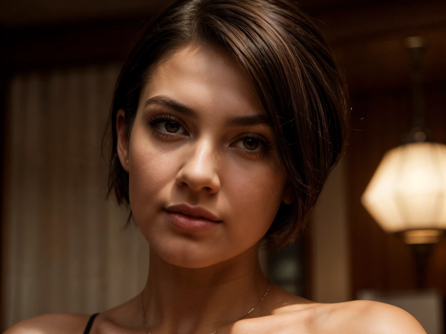 photo of (1 woman, 1 man), 25-year-old woman, 5ft tall, short female, dancer body, (dark brown hair with bob hair style),a clinical professional, wearing (tight leggings, white v-neck top, with nametag), beautiful, curvy, gorgeous, (brown-eyed woman) eye-level, profile bottom, small breasts, break, 30-year-old man, slender bookish male, intense face, eccentric outfit, oddly attractive, holds her arm, kisses the nape of her neck, softly, teasingly, inside a luxury office background, ((massage essential oils:0.4)), towels, incense smoke, detailed (textures), highly detailed eyes,pupils (looking at the camera), specular lighting, dslr, ultra quality, sharp focus, tack sharp, dof, film grain, (centered), Fujifilm XT3, crystal clear, center of frame, cute beautiful face, perfect arch eyebrow, professional massage, (dimly lit), low key, at night, (night sky) detailed skin pores, tan, intricate eye detail...a beautiful exotic woman (High detailed skin:1.2), detailed eyelashes:0.4), Leica camera quality, Digital SLR, Soft lighting, High quality, FujifilmXT3, sunsetting light、Taken inside and outside , skin peachfuzz and pore details, radiant、natural dark highlights in her short hair, messy, intimate relaxed style photoshoot