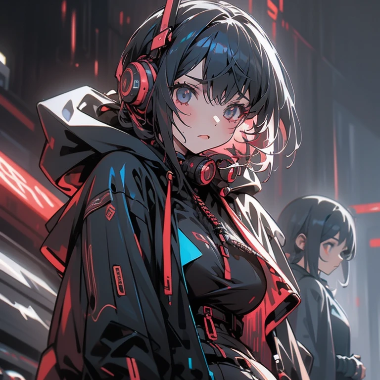 girl，gray eyes，black hair，Red and black hoodie，Blue and white headphones，cyberpunk，Gloomy expression，mechanical traces