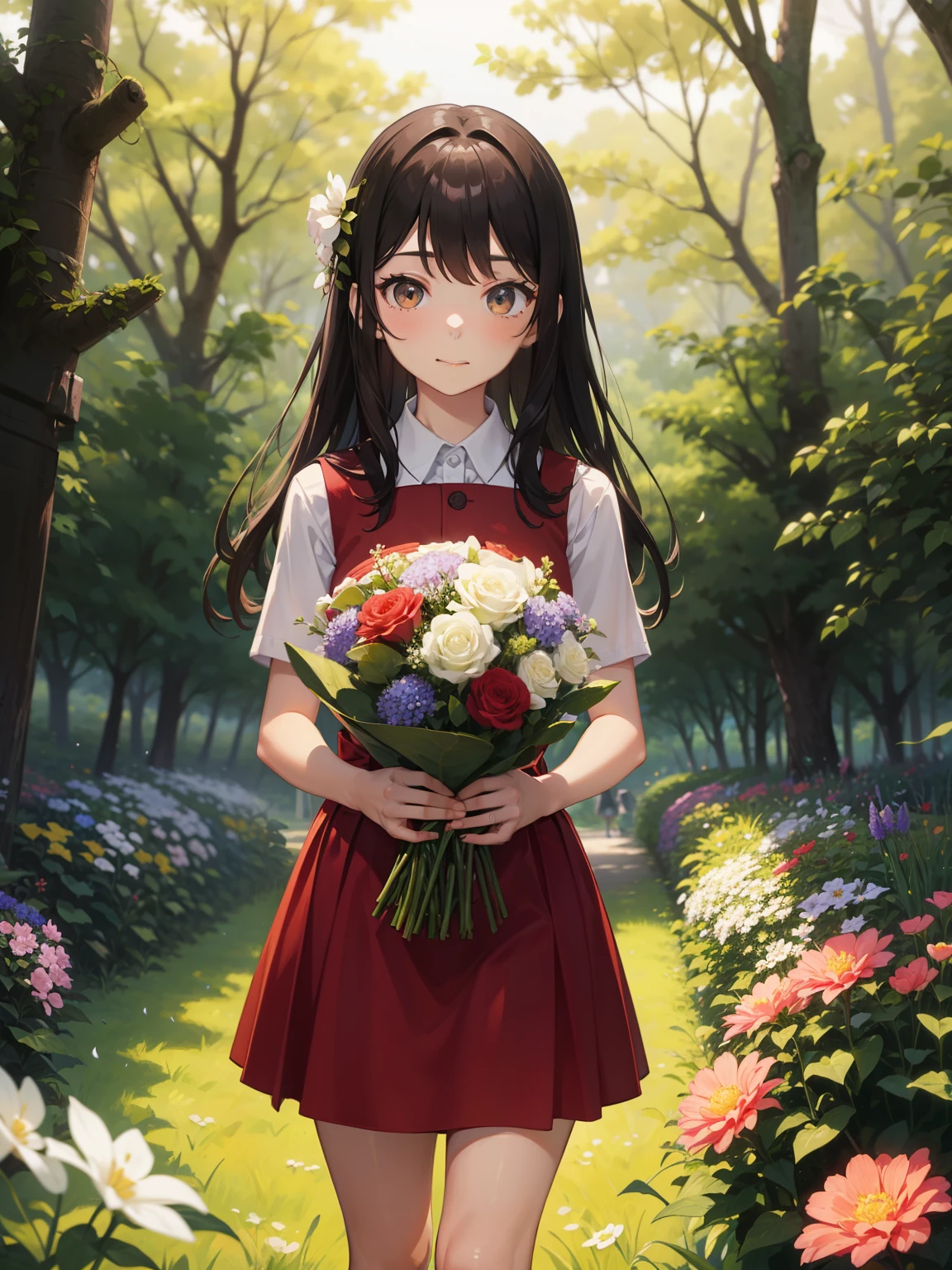 There is a  girl in a red and white dress holding a bouquet of flowers, Girl in the flowers, Pick flowers, holding flowers, pick a flower, 站在girl in a flower field, 站在girl in a flower field, Inherit the flowers on the cheeks of the human face, girl in a flower field, girl in a flower field肖像, Girl walking in the forest, girl wearing flowers