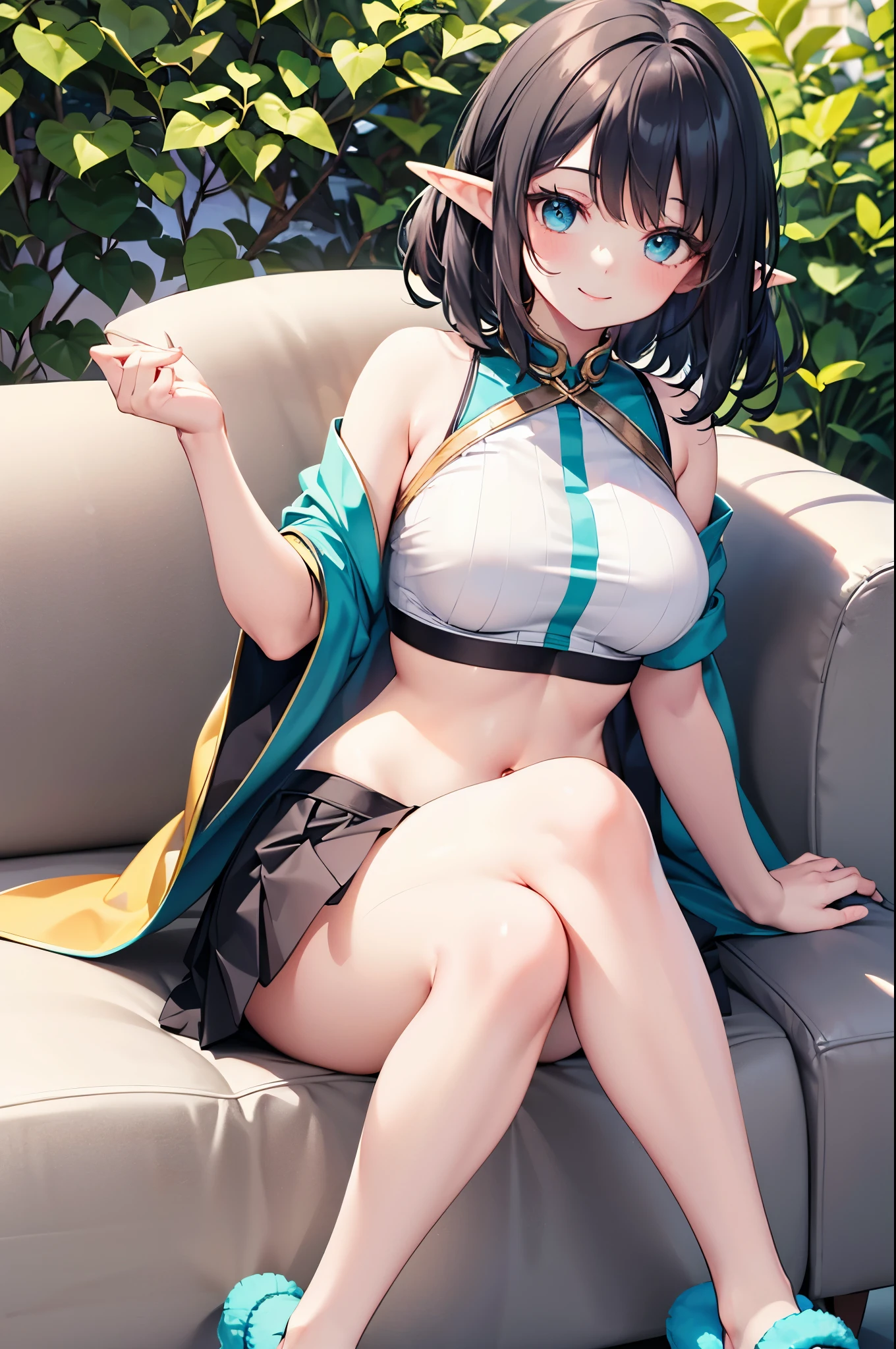 Detail image, realistic image, 1 elf. . She has turquoise eyes with and black hair, has a delicate oval face, medium breasts and a curvy body, thick thighs. She is wearing a crop top, tight pleated mini skirt, moccasins slippers. smiling, sitting. Ambient light. Volumetric Light