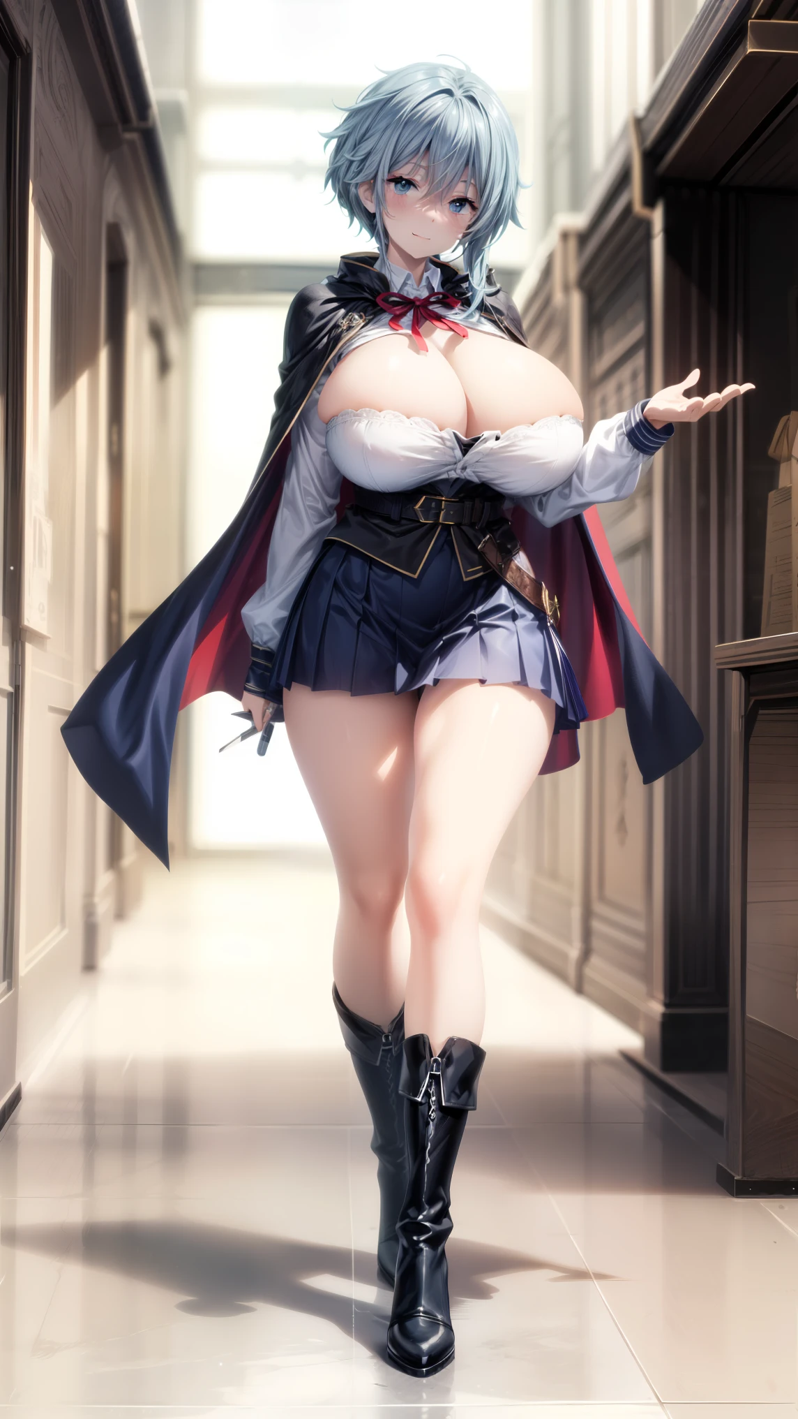 an illustration of showing a person with a cape and a blue hair color in the animation style clothing, long hair, female focus, solo, cape, long sleeves, hand on breast], standing, looking at viewer, full body, black footwear, bangs, short skirt, blue hair, white skirt, boots, smile, skirt tucked in, closed mouth, huge breast, perfect Composition, cleavage,

(Beautiful,Huge_Breasts:1.3)