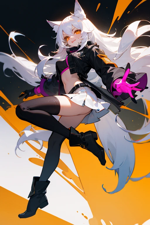 1girl young, attractive woman with long white hair and two golden orange eyes. She wears a white miniskirt with black and magenta accents, orange/black boots, and black stockings, evil smile, no shoes, wolf ears, 