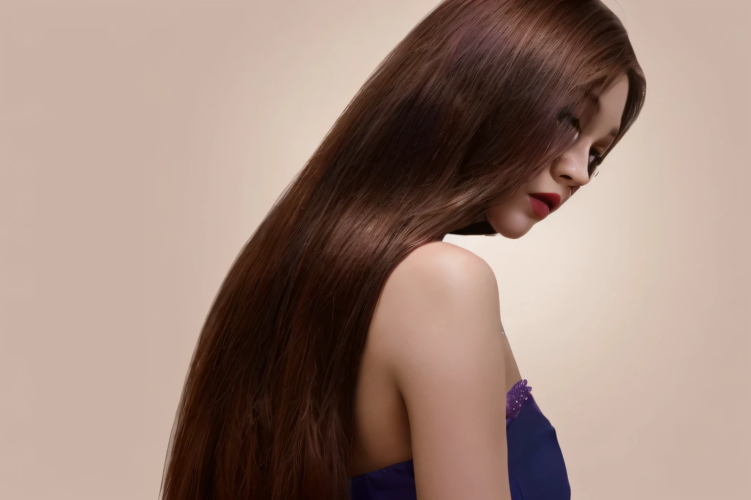 make her dress purple colored and purple lipstic picture quality high with high resolutiuon