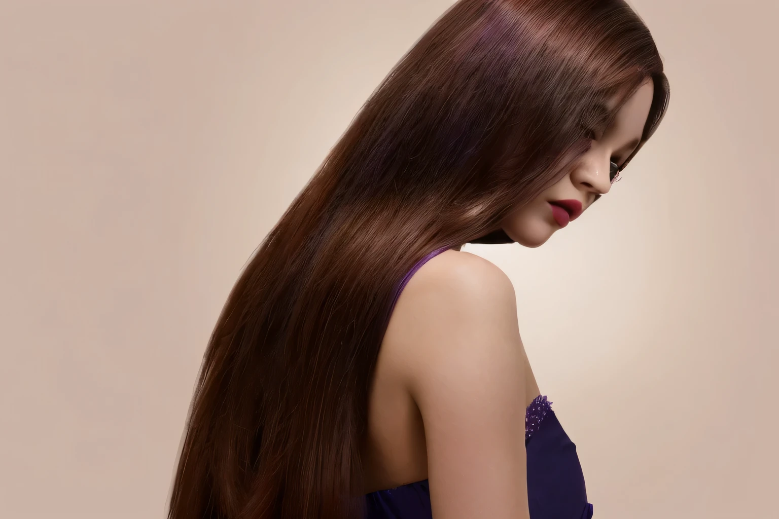 make her dress purple colored and purple lipstic picture quality high with high resolutiuon