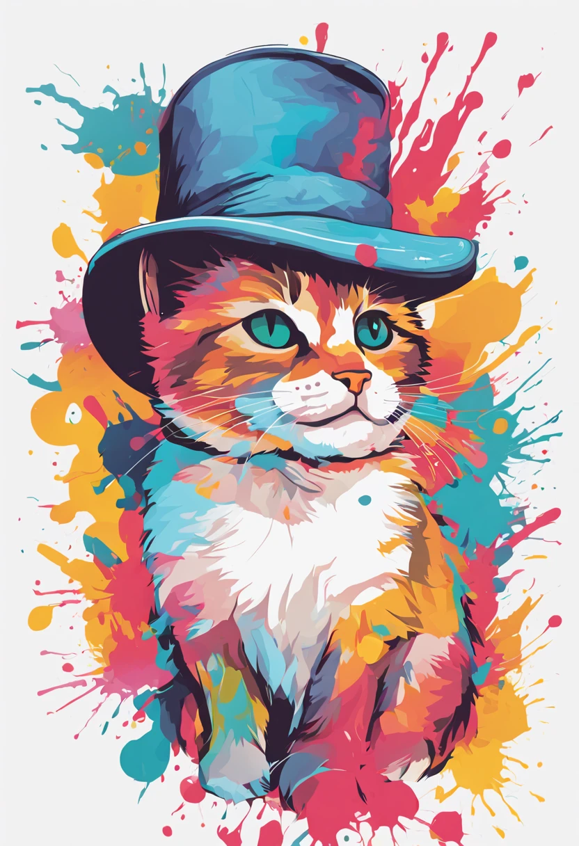 Illustration of cat, wich hat, fantasy, cute character, clear background, abstract splash background, t-shirt design, vector art