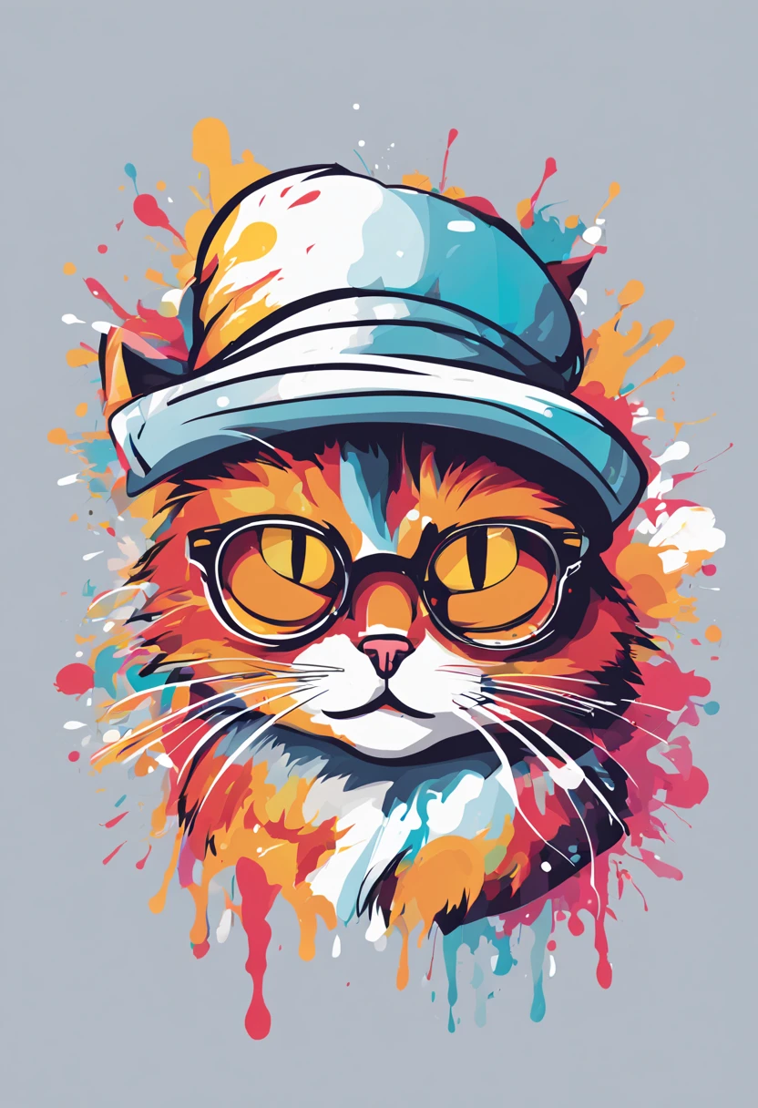 Illustration of cat, wich hat, fantasy, cute character, clear background, abstract splash background, t-shirt design, vector art