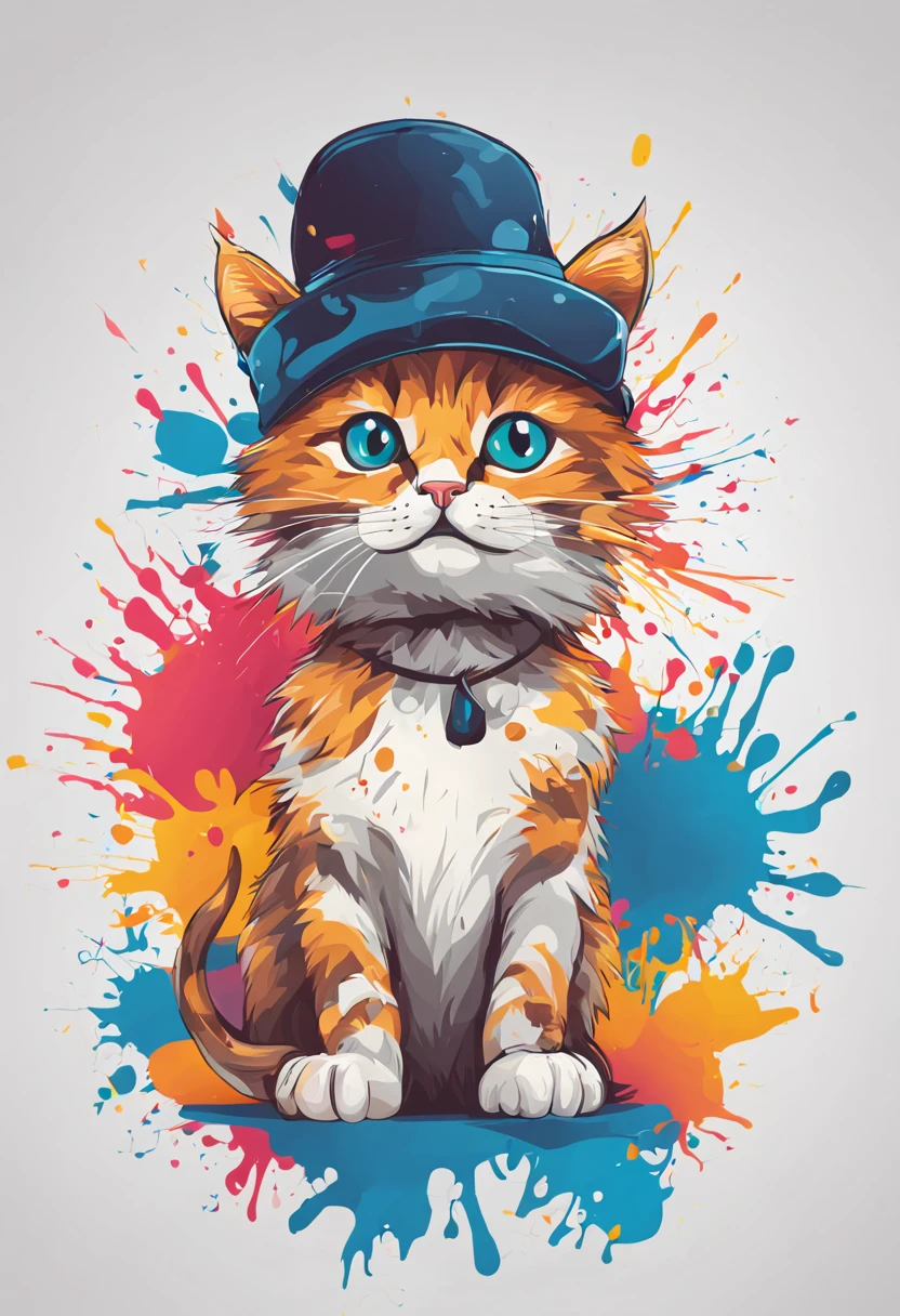 Illustration of cat, wich hat, fantasy, cute character, clear background, abstract splash background, t-shirt design, vector art