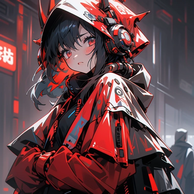 girl,Off-white eyes,black hair,Red and black hoodie,Blue and white headphones,cyberpunk,sleepy expression,mechanical traces