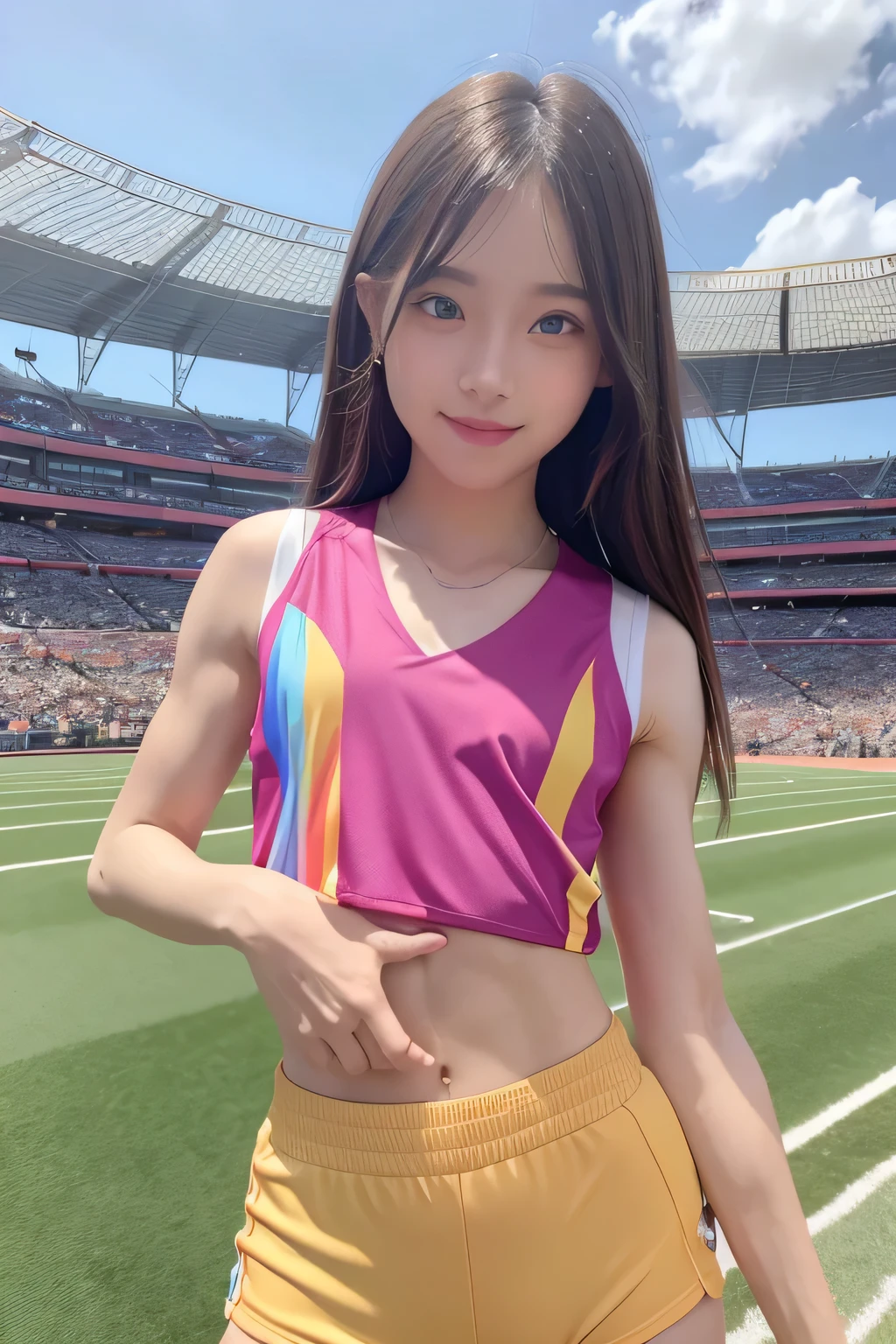 pieces fly、masterpiece、highest quality、Super detailed、High resolution、High resolution、8K portrait、unity 8k wallpaper、Detailed CG、unity 8k wallpaper、Detailed CGユニティ8kの壁紙、realistic、real person、portrait photography、shiny skin、(:1.2)、(cute:1.2)、High resolution、beautiful clear eyes、very detailed explanation、delicate face、cute face、nice lips、thin waist、thin legs、1 girl、(athletics stadium:1.5)、(flat chest:1.7)、(colorful sleeveless track and field uniform:1.5)、(abs:1.4)、(My nipples stick to my clothes:1.4)、(smile)