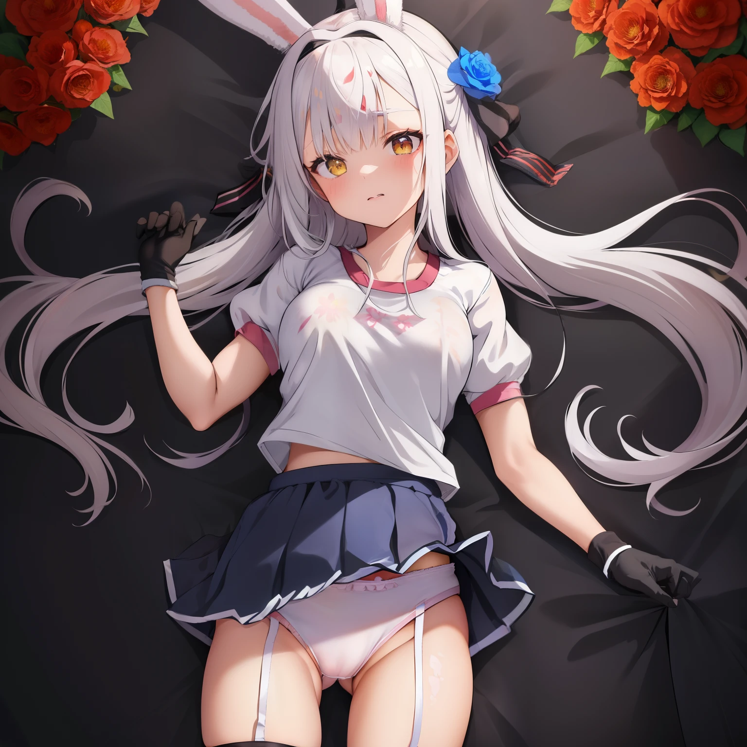 (masterpiece, highest quality:1.2),figure,8K,HD,1 girl,alone,cowboy shot,animal ears,Arm Garter,black bow,black gloves,black hair band,yellow eyes,black stockings,blue flower,blue ribbon,blue Rose,bow,center ruffle,flower,Ruffled gloves,frilled hair band,gray hair,hair bow,hair band,neck ribbon,Bunny ears,ribbon,Rose,(((((bloomer)))))‚(((((white shirts)))))‚(((((gym clothes)))))