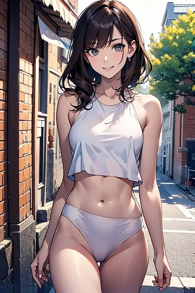 RAW photos, camera gaze, ((top quality, 8k, masterpiece: 1.3)), sharp focus: 1.2, coloured cropped tank top, pretty features, best smile, cute smile, beautiful woman in perfect style: 1.4, slender abs: 1.2, dark brown hair, (natural light, city street: 1.1), highly detailed face and skin texture, detailed eyes, No panties. Naked waist down