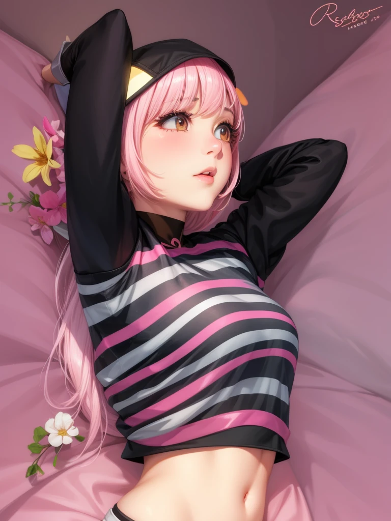 Realista, 1 chica, pelo blanco y rosado, ojos rosados, top corto a rayas, Labiosrosados, rubor, noche, flores, sol, sollight, realista, ultra calidad