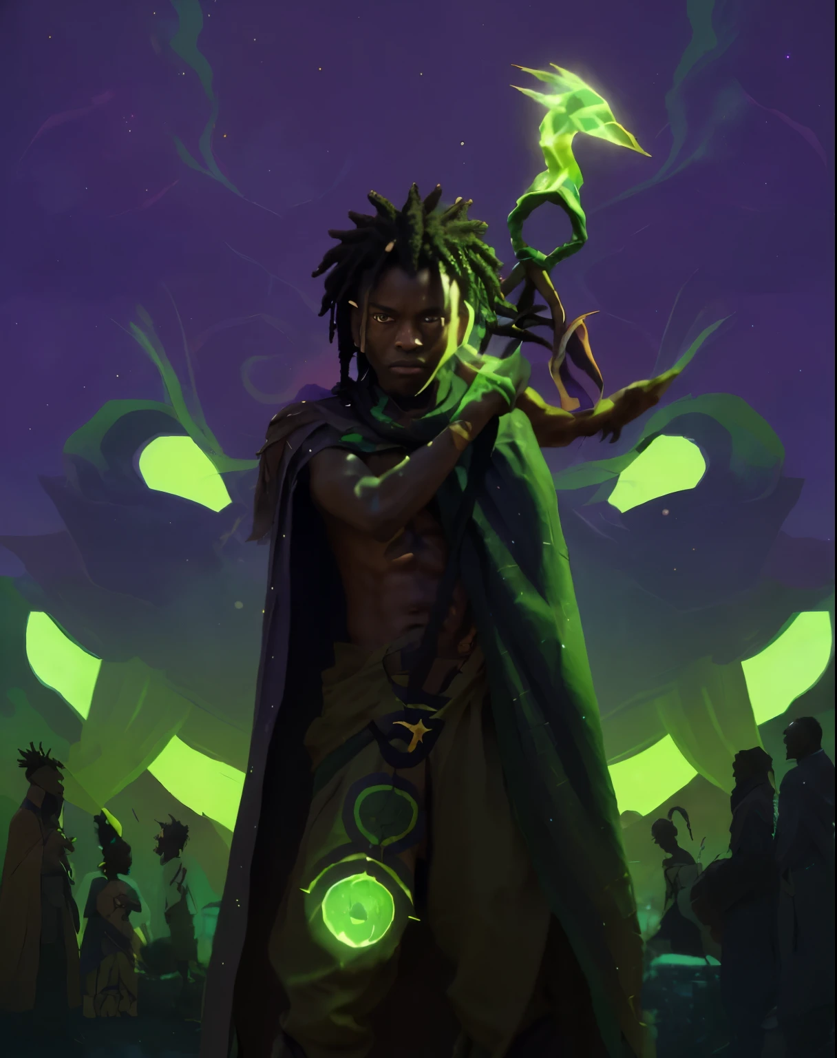 a black boy with spiky dreadlocks that stand up, wearing a brown african tunic with a green stripe, and baggy brown pants, and an African cloak of stars. A staff with a green stardust bird and green sun on the other end in his bandaged hands. His feet are bandaged as well. Two armies stand behind him.  A purple chinese lion with green eyes is behind grinning evilly.