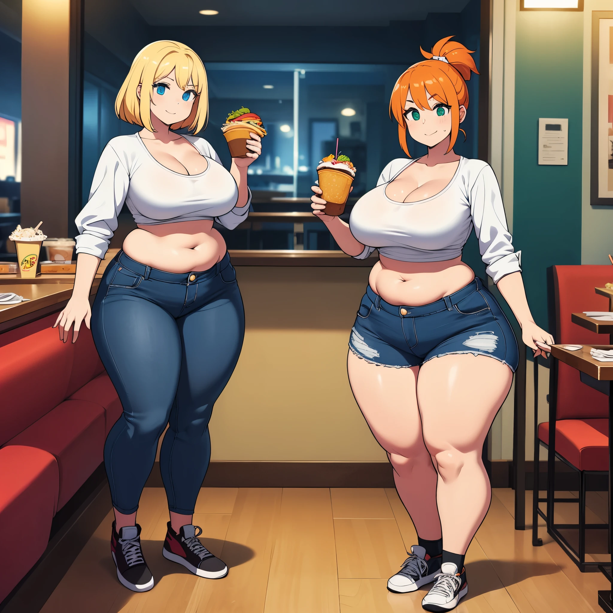 ((highres)), Masterpiece, high quality, best quality, beautiful, perfect lighting, detailed face, ultra cute face, ((2girls)), one girl has blonde hair, blue eyes, crop top and shorts skindentation, one girl has orange hair, green eyes, jeans, white shirt, jacket, thighs clothes, full body, fast food restaurant, medium breasts, cleavage, perky breasts, ((wide hips)), (thick thighs), (pudgy), standing next to each other,