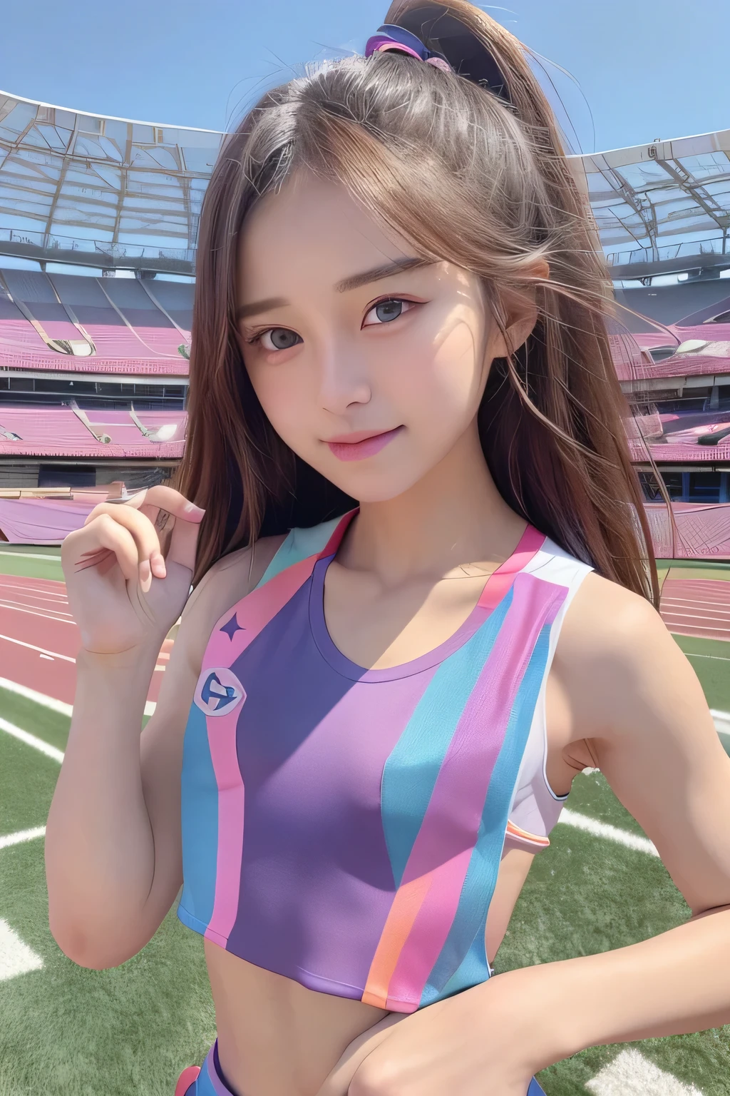 pieces fly、masterpiece、highest quality、Super detailed、High resolution、High resolution、8K portrait、unity 8k wallpaper、Detailed CG、unity 8k wallpaper、Detailed CGユニティ8kの壁紙、realistic、real person、portrait photography、shiny skin、(:1.2)、(cute:1.2)、High resolution、beautiful clear eyes、very detailed explanation、delicate face、cute face、nice lips、thin waist、thin legs、1 girl、(athletics stadium:1.5)、(flat chest:1.7)、(colorful sleeveless track and field uniform:1.5)、(abs:1.4)、(My nipples stick to my clothes:1.4)、(smile)