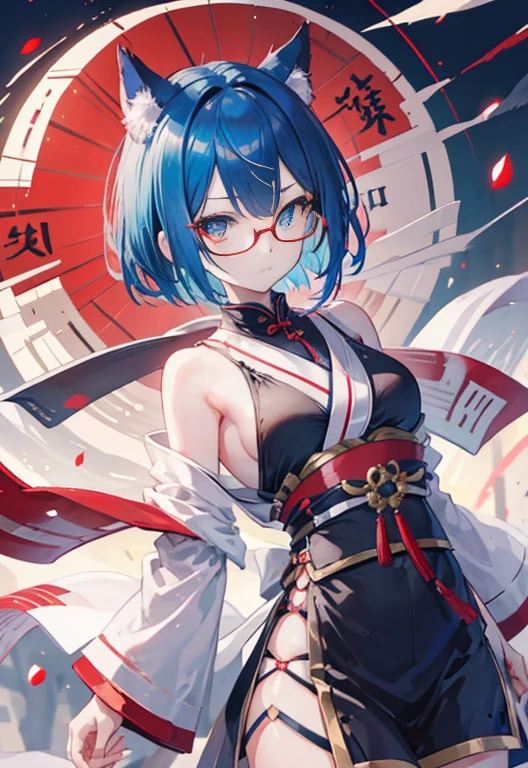 Chinon,Chinon SAO ,short hair,blue hair,blue eyes,Kurobuchi glasses,Cat ear,nice fur cat tail,(fascinating, attractive, attractive:1.3), beautiful, (very detailed, high quality:1.3),祭りで綿菓子を楽しむ浴衣のshort hairの女の子,japanese festival,Summer Festival Stalls、Red lantern,(masterpiece:1.2), 最high quality, High resolution, unity 8k wallpaper, (figure:0.8), (beautiful and fine eyes:1.6), very detailed顔, perfect lighting, Very detailed CG, (perfect hands, perfect anatomy),