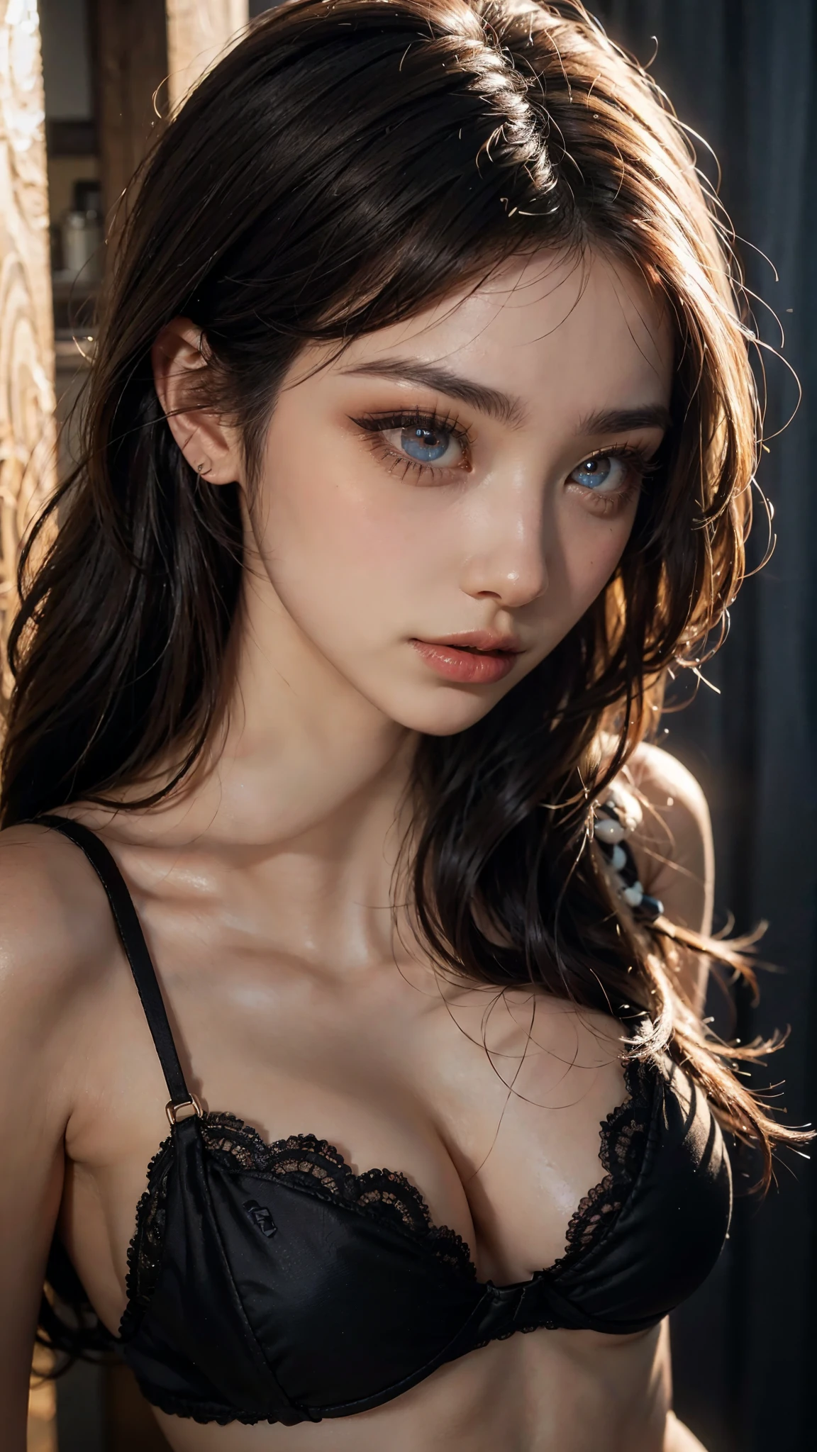 One girl, masterpiece, (Highest quality), 8K, Detailed skin texture, Detailed cloth texture, ((Beautifully detailed face:1.4)), Intricate details, Super detailed, Alice in Wonderland, (A ribbon on her head:1.1), ((Upper Body)),((Natural big breasts:1.2)),((Very beautiful big eyes))