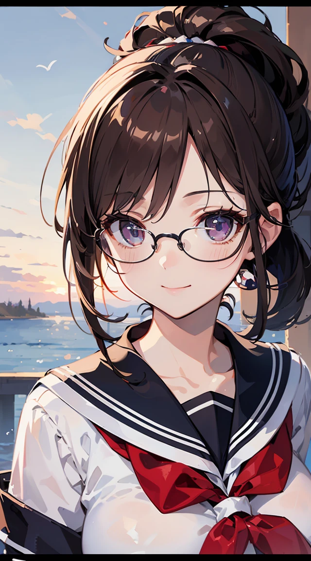 ((masterpiece)), ((best quality)), (Super detailed), ((kawaii)), Lovely, (charming), ((Sexy)), (equipment), ((Very detailed)), 4K, (8k), best quality, (beautiful), watercolor pencil, realistic, real, focus on face, whole body focus, School, autumn, a beautiful woman, alone, Sailor suit, beautiful dark brown hair, beautiful purple eyes, ((beautiful eyes with highlights )), white skinned, ponytail, transparent hair, translucent hair, Big breasts, tights, Glasses, Smile, neon lights, Wind-effect, reflection effect