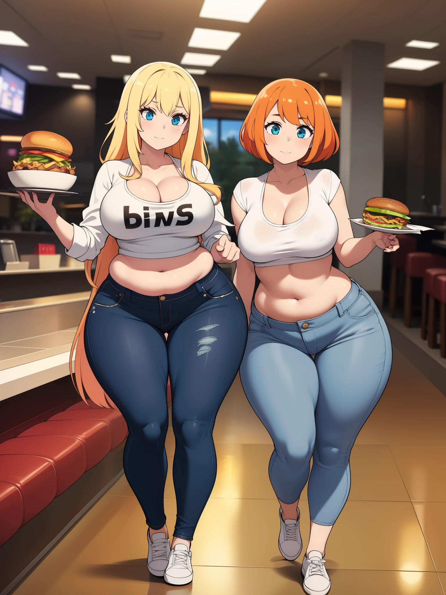 ((highres)), Masterpiece, high quality, best quality, beautiful, perfect lighting, detailed face, ultra cute face, ((2girls)), one girl has blonde hair, blue eyes, crop top and shorts skindentation, one girl has orange hair, green eyes, jeans, white shirt, jacket, thighs clothes, full body, fast food restaurant, medium breasts, cleavage, perky breasts, ((wide hips)), (thick thighs), (pudgy), standing next to each other,