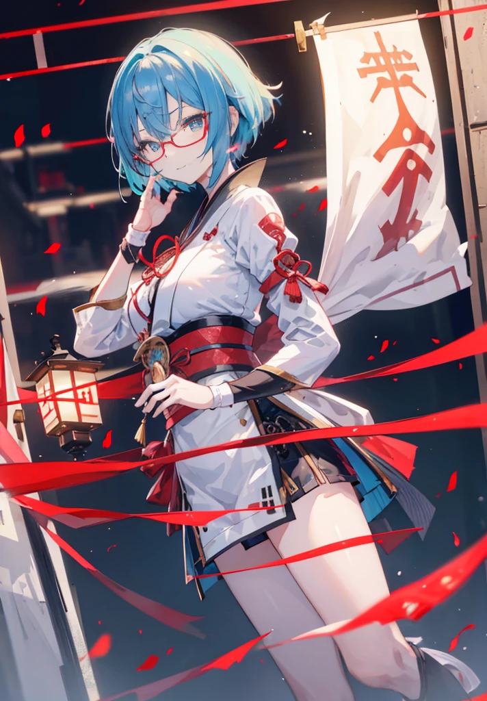 Chinon,Chinon　SAO ,short hair,light blue hair,blue eyes,Kurobuchi glasses,Cat ear,thin cat tail,smile(fascinating, attractive, attractive:1.3), beautiful, (very detailed, high quality:1.3),祭りで綿菓子を楽しむ浴衣のshort hairの女の子，japanese festival，Summer Festival Stalls、Red lantern,(masterpiece:1.2), 最high quality, High resolution, unity 8k wallpaper, (figure:0.8), (beautiful and fine eyes:1.6), very detailed顔, perfect lighting, Very detailed CG, (perfect hands, perfect ???????),