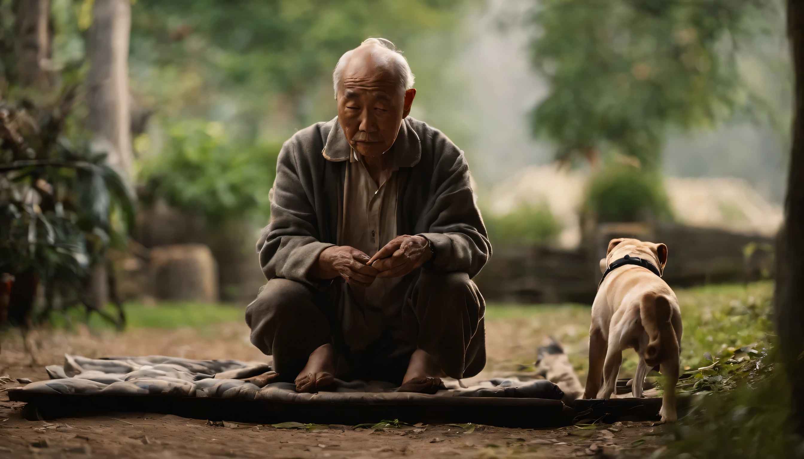 Japanese old man、a dog is eating food next door.
