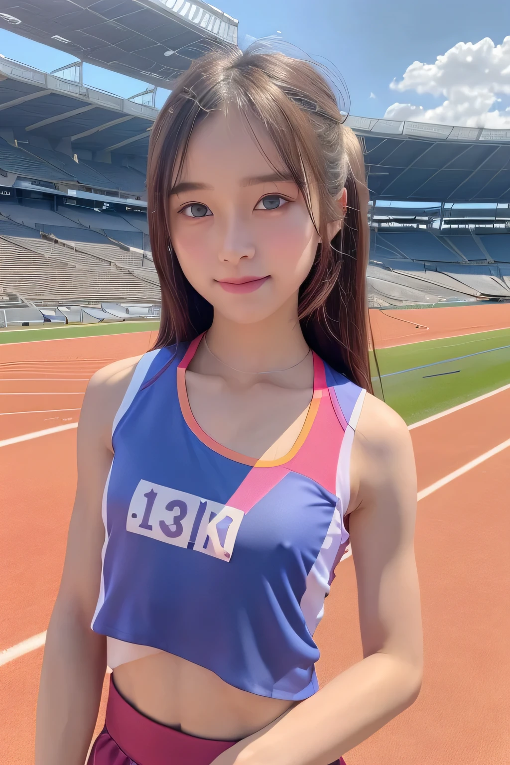 pieces fly、masterpiece、highest quality、Super detailed、High resolution、High resolution、8K portrait、unity 8k wallpaper、Detailed CG、unity 8k wallpaper、Detailed CGユニティ8kの壁紙、realistic、real person、portrait photography、shiny skin、(:1.2)、(cute:1.2)、High resolution、beautiful clear eyes、very detailed explanation、delicate face、cute face、nice lips、thin waist、thin legs、1 girl、(athletics stadium:1.5)、(flat chest:1.7)、(colorful sleeveless track and field uniform:1.5)、(abs:1.4)、(My nipples stick to my clothes:1.4)、(smile)