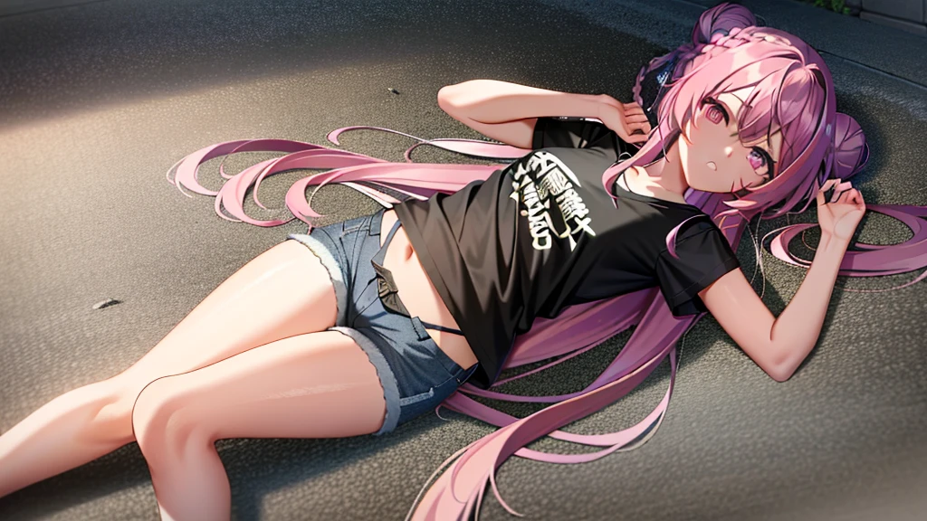 (Lie on the ground:1.2), (masterpiece, highest quality, super detailed), Keqing \(genshin impact\), (purple hair), corn hair bun hair, ((Killed)), ((From above)), (cinematic lighting), (Put your arms on the ground), ((Sea of Blood)), ((bloody ground)), dutch angle, ((Bloody Body)), ((blood on their clothes)), ((rape face)), ((Open your eyes wide)), (((horror))), twin tails, long hair, flowing bangs, Braid, Braided bangs, purple eyes, pink eyes,
(wearing a t-shirt:1.2), city, street, denim shorts, black stockings,
medium breasts, ((long slender legs)), thighs, cute woman