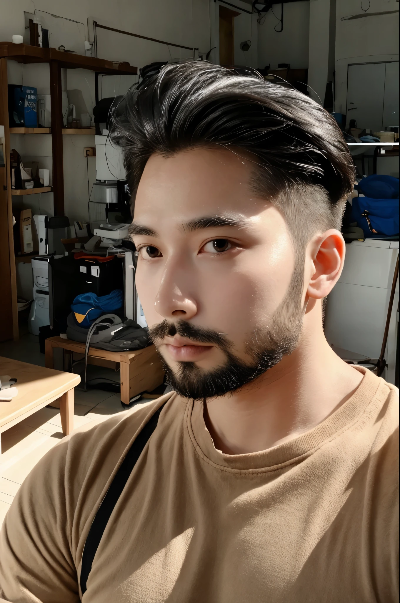 25 year old male Instagram influencer, Light-colored beard, perfect lighting, deep shadow, best quality, on the table, ultra high resolution, lifelike, Slimming type, Oval face, black messy hair,